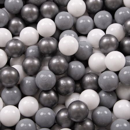 KiddyMoon Soft Plastic Play Balls ∅ 7cm/2.75in Multi-colour Made in EU, white-grey-silver, 100 Balls/7cm-2.75in