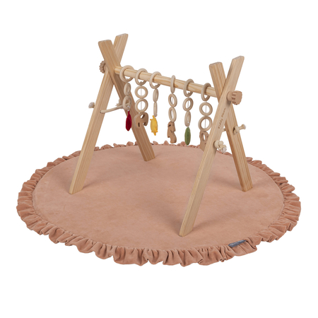 KiddyMoon Wooden Baby Gym for Newborns with Play Mat BT-001, Natural With Desert Pink Play Mat