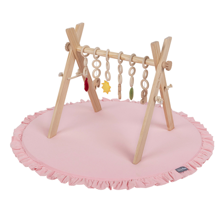 KiddyMoon Wooden Baby Gym for Newborns with Play Mat BT-001, Natural With Pink Play Mat