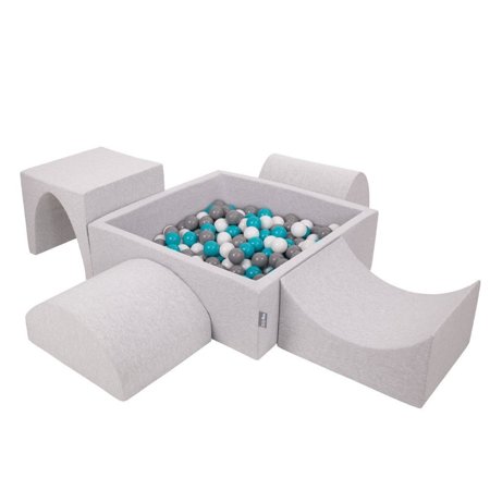 KiddyMoon foam playground for kids with ballpit and balls play area, Lightgrey: Grey-White-Turquoise