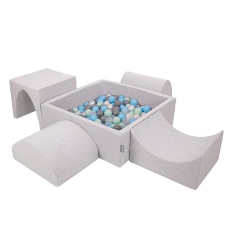 KiddyMoon foam playground for kids with ballpit and balls play area, Lightgrey: Pearl-Grey-Transparent-Babyblue-Mint