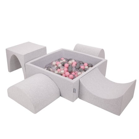 KiddyMoon foam playground for kids with ballpit and balls play area, Lightgrey: Pearl-Grey-Transparent-Powderpink
