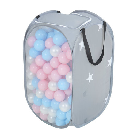 KiddyMoon kids balls set bin hamper storage mesh carrying case, Grey: Babyblue/ Powderpink/ Pearl