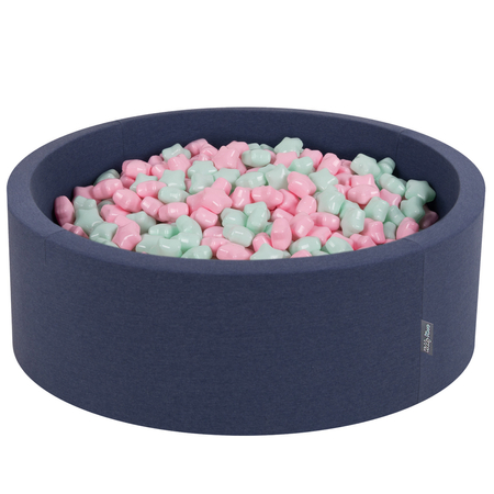 KiddyMoon round foam ballpit with star-shaped plastic balls for kids, Dark Blue: Light Pink/ Mint