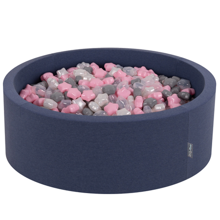 KiddyMoon round foam ballpit with star-shaped plastic balls for kids, Dark Blue: Pearl/ Grey/ Transparent/ Light Pink