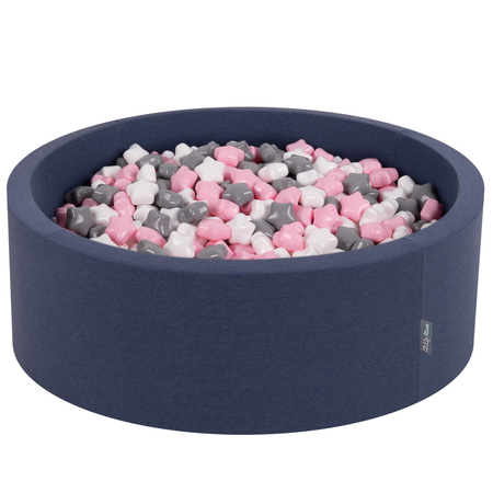 KiddyMoon round foam ballpit with star-shaped plastic balls for kids, Dark Blue: White/ Grey/ Light Pink
