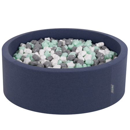 KiddyMoon round foam ballpit with star-shaped plastic balls for kids, Dark Blue: White/ Grey/ Mint
