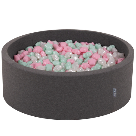 KiddyMoon round foam ballpit with star-shaped plastic balls for kids, Dark Grey: Light Pink/ Pearl/ Mint