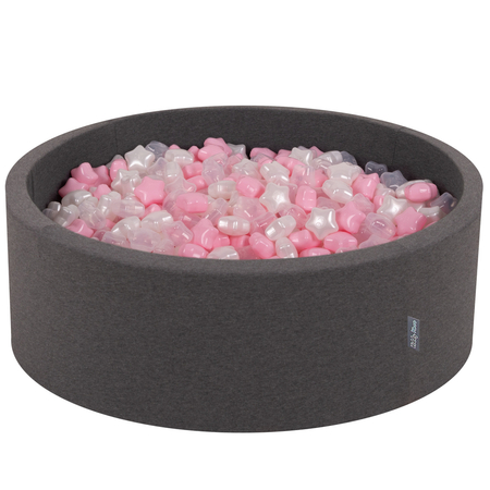 KiddyMoon round foam ballpit with star-shaped plastic balls for kids, Dark Grey: Light Pink/ Pearl/ Transparent