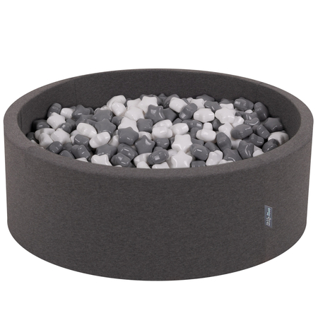 KiddyMoon round foam ballpit with star-shaped plastic balls for kids, Dark Grey: White/ Grey