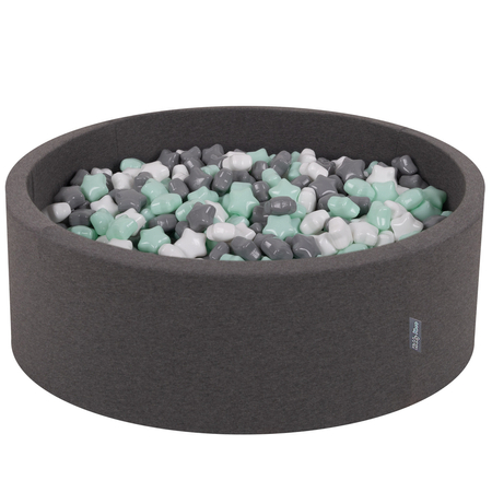 KiddyMoon round foam ballpit with star-shaped plastic balls for kids, Dark Grey: White/ Grey/ Mint