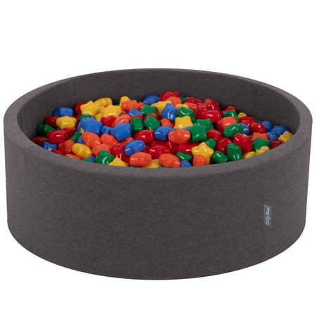 KiddyMoon round foam ballpit with star-shaped plastic balls for kids, Dark Grey: Yellow/ Green/ Blue/ Red/ Orange