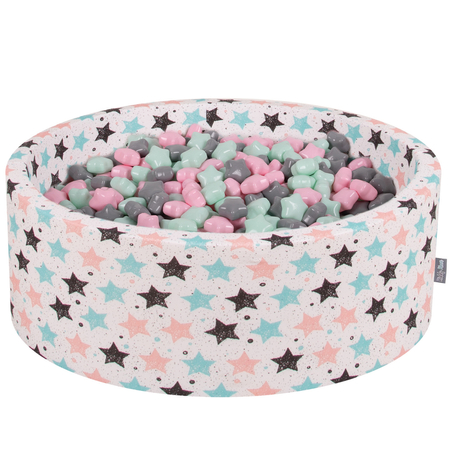 KiddyMoon round foam ballpit with star-shaped plastic balls for kids, Ecru: Light Pink/ Grey/ Mint