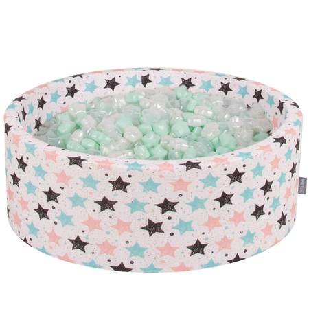 KiddyMoon round foam ballpit with star-shaped plastic balls for kids, Ecru: Pearl/ Mint/ Transparent