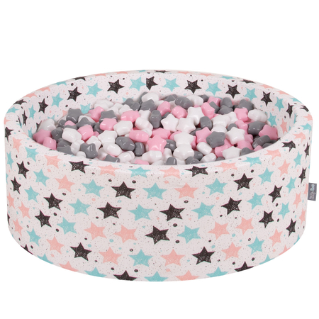 KiddyMoon round foam ballpit with star-shaped plastic balls for kids, Ecru: White/ Grey/ Light Pink