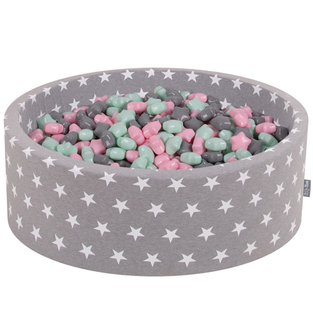 KiddyMoon round foam ballpit with star-shaped plastic balls for kids, Grey Stars: Light Pink/ Grey/ Mint