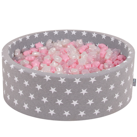 KiddyMoon round foam ballpit with star-shaped plastic balls for kids, Grey Stars: Light Pink/ Pearl/ Transparent