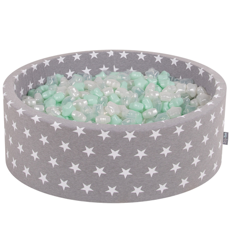 KiddyMoon round foam ballpit with star-shaped plastic balls for kids, Grey Stars: Pearl/ Mint/ Transparent