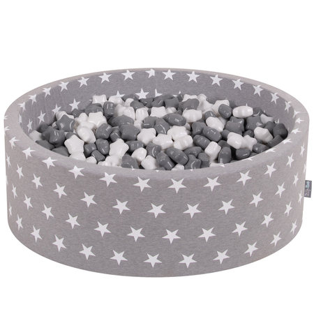 KiddyMoon round foam ballpit with star-shaped plastic balls for kids, Grey Stars: White/ Grey