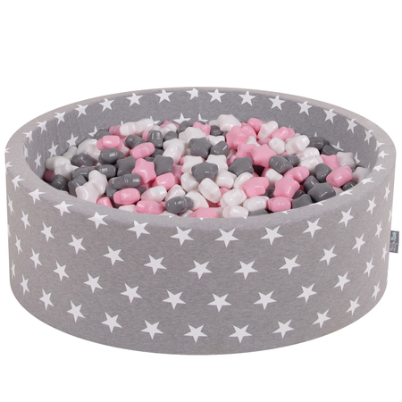 KiddyMoon round foam ballpit with star-shaped plastic balls for kids, Grey Stars: White/ Grey/ Light Pink