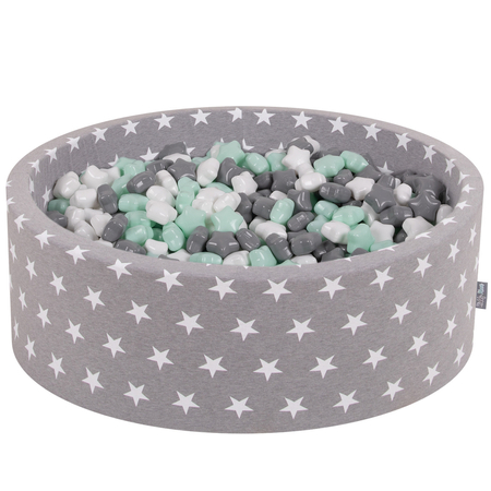 KiddyMoon round foam ballpit with star-shaped plastic balls for kids, Grey Stars: White/ Grey/ Mint