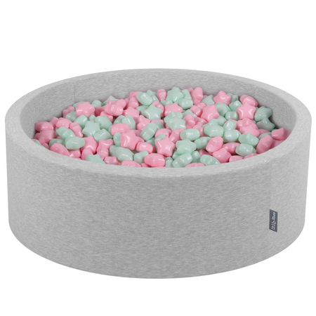 KiddyMoon round foam ballpit with star-shaped plastic balls for kids, Light Grey: Light Pink/ Mint