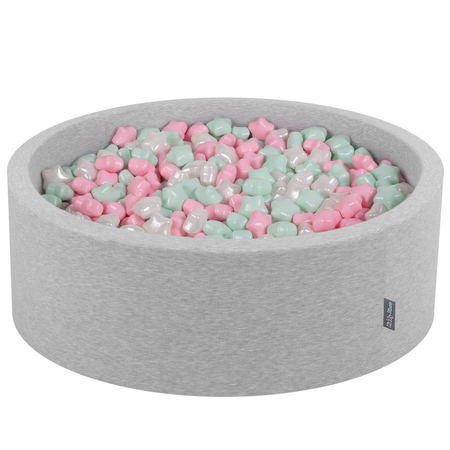 KiddyMoon round foam ballpit with star-shaped plastic balls for kids, Light Grey: Light Pink/ Pearl/ Mint