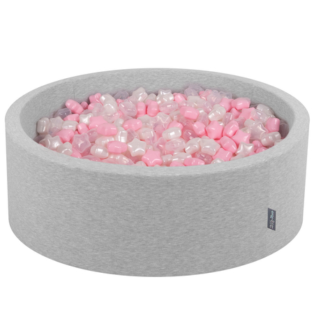 KiddyMoon round foam ballpit with star-shaped plastic balls for kids, Light Grey: Light Pink/ Pearl/ Transparent