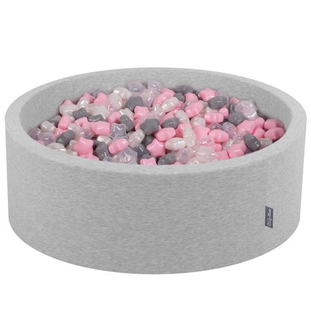 KiddyMoon round foam ballpit with star-shaped plastic balls for kids, Light Grey: Pearl/ Grey/ Transparent/ Light Pink