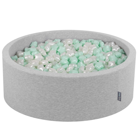 KiddyMoon round foam ballpit with star-shaped plastic balls for kids, Light Grey: Pearl/ Mint