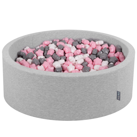 KiddyMoon round foam ballpit with star-shaped plastic balls for kids, Light Grey: White/ Grey/ Light Pink