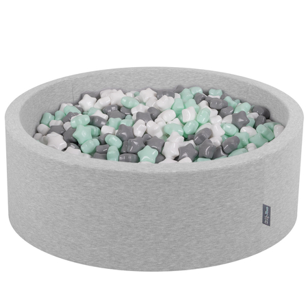 KiddyMoon round foam ballpit with star-shaped plastic balls for kids, Light Grey: White/ Grey Mint