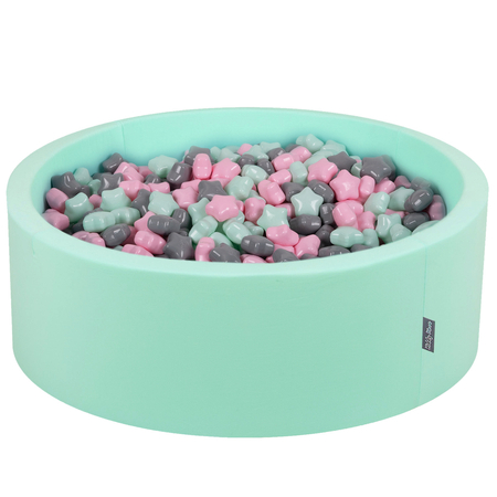 KiddyMoon round foam ballpit with star-shaped plastic balls for kids, Mint: Light Pink/ Grey/ Mint