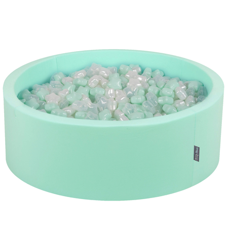 KiddyMoon round foam ballpit with star-shaped plastic balls for kids, Mint: Pearl/ Mint/ Transparent