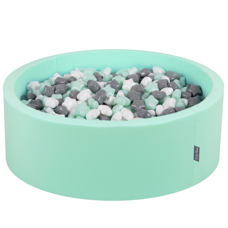 KiddyMoon round foam ballpit with star-shaped plastic balls for kids, Mint: White/ Grey/ Mint