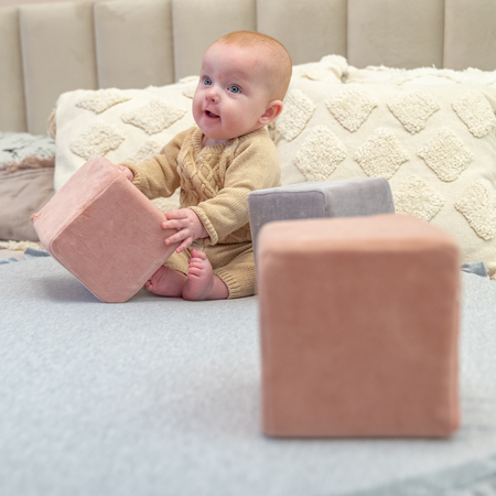 KiddyMoon velvet foam cubes for kids 14cm soft, Cubes: Forest Green-Desert Pink- Grey Mountains