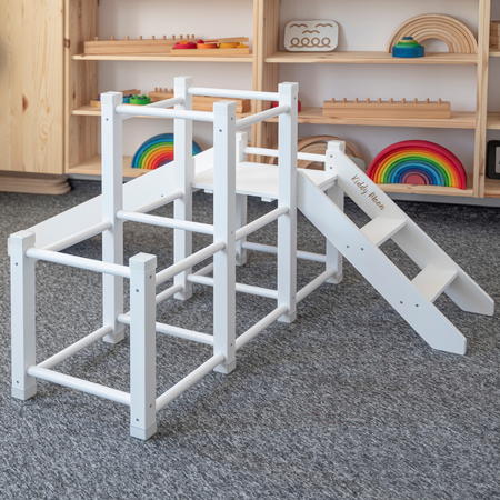 KiddyMoon wooden playground with a slide climbing frame for kids, White