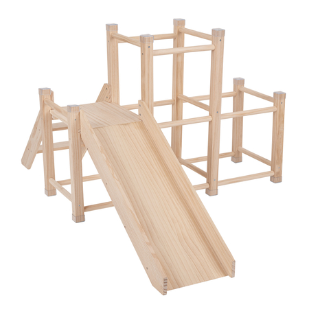 KiddyMoon wooden playground with a slide climbing frame for kids, natural