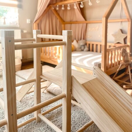 KiddyMoon wooden playground with a slide climbing frame for kids, natural