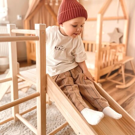 KiddyMoon wooden playground with a slide climbing frame for kids, natural