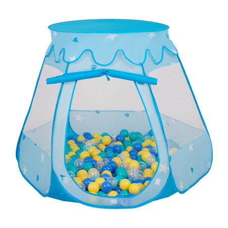 Play Tent Castle House Pop Up Ballpit Shell Plastic Balls For Kids, Blue:Turquoise-Blue-Yellow-Transparent