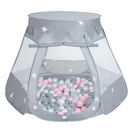 Play Tent Castle House Pop Up Ballpit Shell Plastic Balls For Kids, Grey: Pearl-Grey-Transparent-Powder Pink