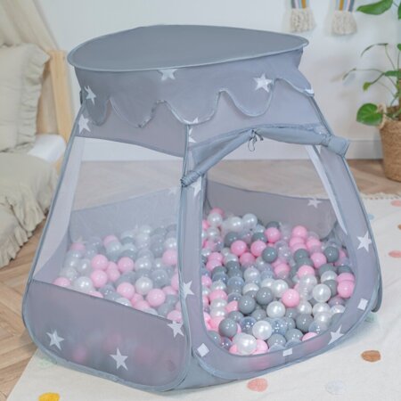 Play Tent Castle House Pop Up Ballpit Shell Plastic Balls For Kids, Grey: Pearl-Grey-Transparent-Powder Pink