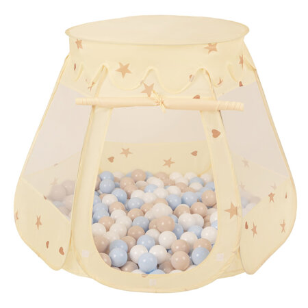 Play Tent Castle House Pop Up Ballpit Shell Plastic Balls For Kids, Light Beige:  Pastel Beige/ Pastel Blue/ White