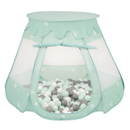 Play Tent Castle House Pop Up Ballpit Shell Plastic Balls For Kids, Mint: White/ Grey/ Mint
