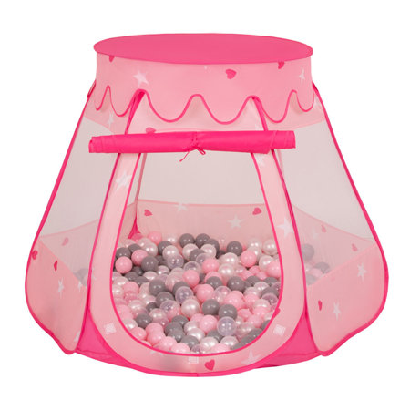 Play Tent Castle House Pop Up Ballpit Shell Plastic Balls For Kids, Pink:Pearl-Grey-Transparent-Powder Pink