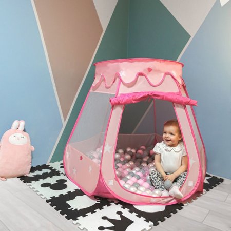 Play Tent Castle House Pop Up Ballpit Shell Plastic Balls For Kids, Pink:Transparent-Grey-White-Pink-Mint