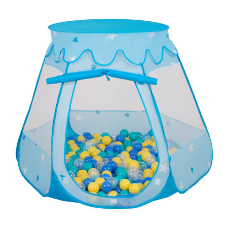 Play Tent For Kids Castle Baby Playhouse For Children With Colorful Balls Pop Up Perfect For Indoor And Outdoor Easy Set Up Includes Carry Bag, Blue: Turquoise-Blue-Yellow-Transparent