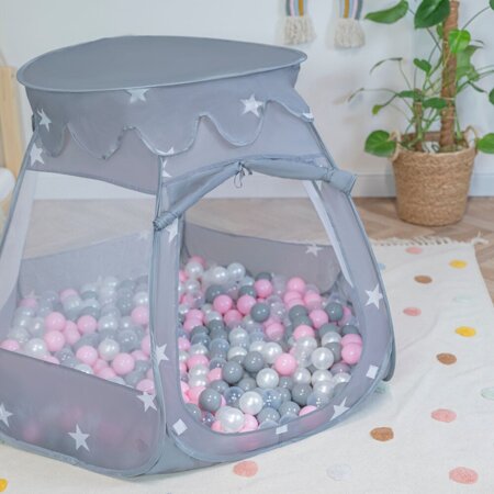 Play Tent For Kids Castle Baby Playhouse For Children With Colorful Balls Pop Up Perfect For Indoor And Outdoor Easy Set Up Includes Carry Bag, Grey: Pearl-Grey-Transparent-Powder Pink