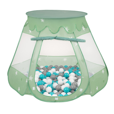 Play Tent For Kids Castle Baby Playhouse For Children With Colorful Balls Pop Up Perfect For Indoor And Outdoor Easy Set Up Includes Carry Bag, Mint: Grey/ White/ Turquoise